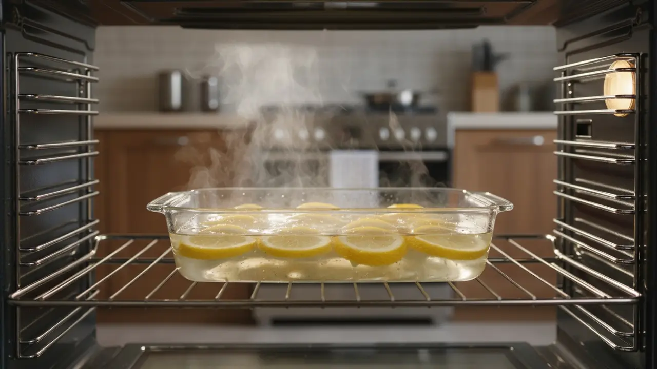 Ildfast fad med citronskiver og vand i ovnens midterste rille, let damp