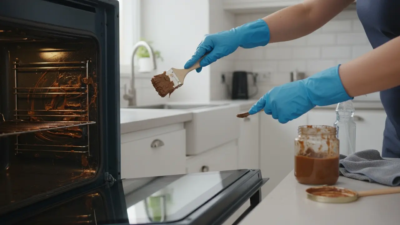 Hænder i handsker smører brun sæbe på ovnens indre med en blød børste