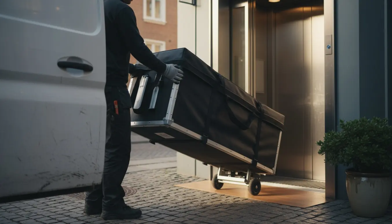 Sammenklappet massagebriks bæres ind i en lejlighedselevator fra en varevogn.