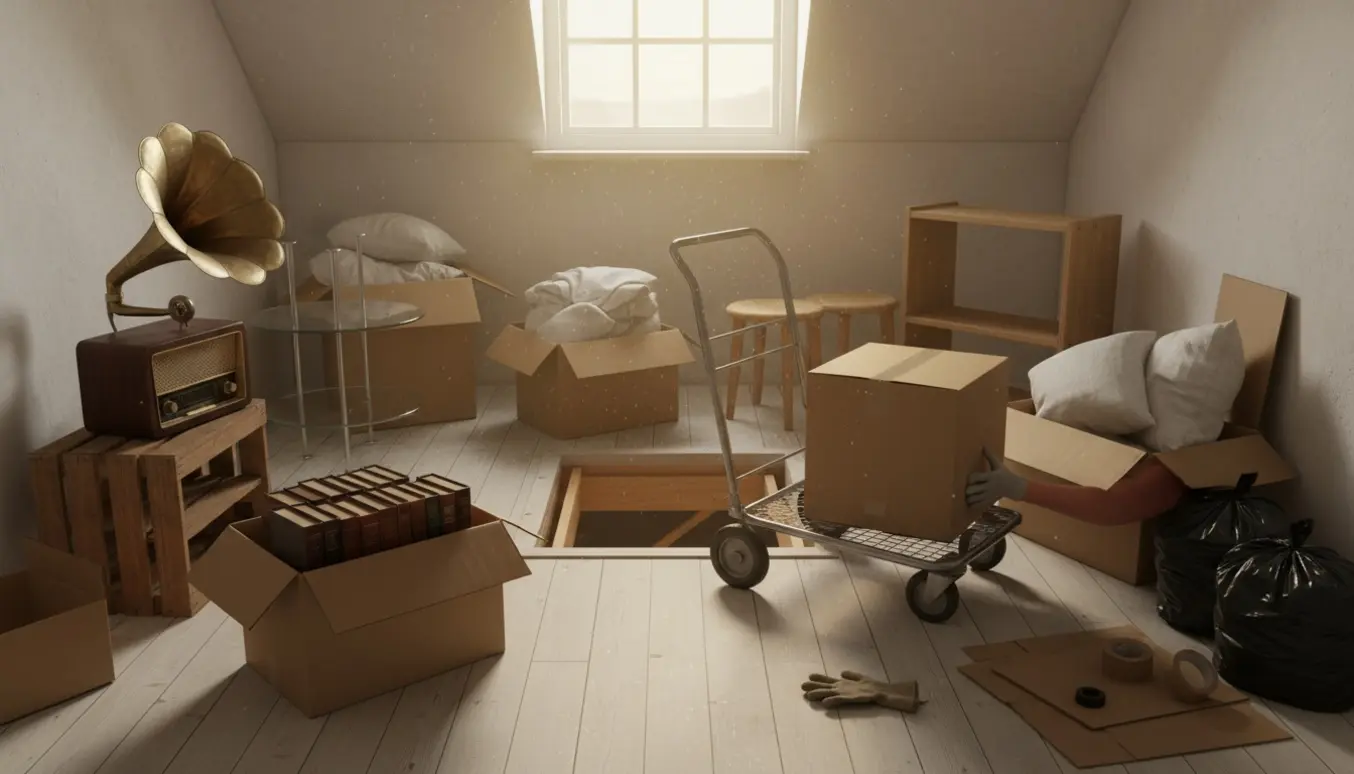 Soloplyst lille 6 m² loftsrum med flyttekasser, grammofon, radio og små møbler klar til tømning.
