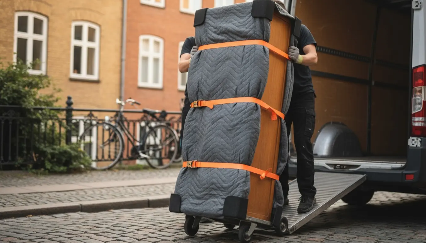 Et højt garderobeskab pakket i møbelbetræk løftes på en dolly ind i en flyttevogn i Aalborgs centrum.