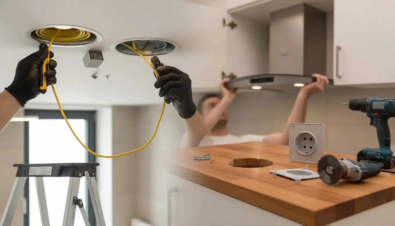 Elektriker monterer indbyggede spots i badeværelset, mens hul til udendørs stikkontakt og emhætte til skab er ved at blive installeret.