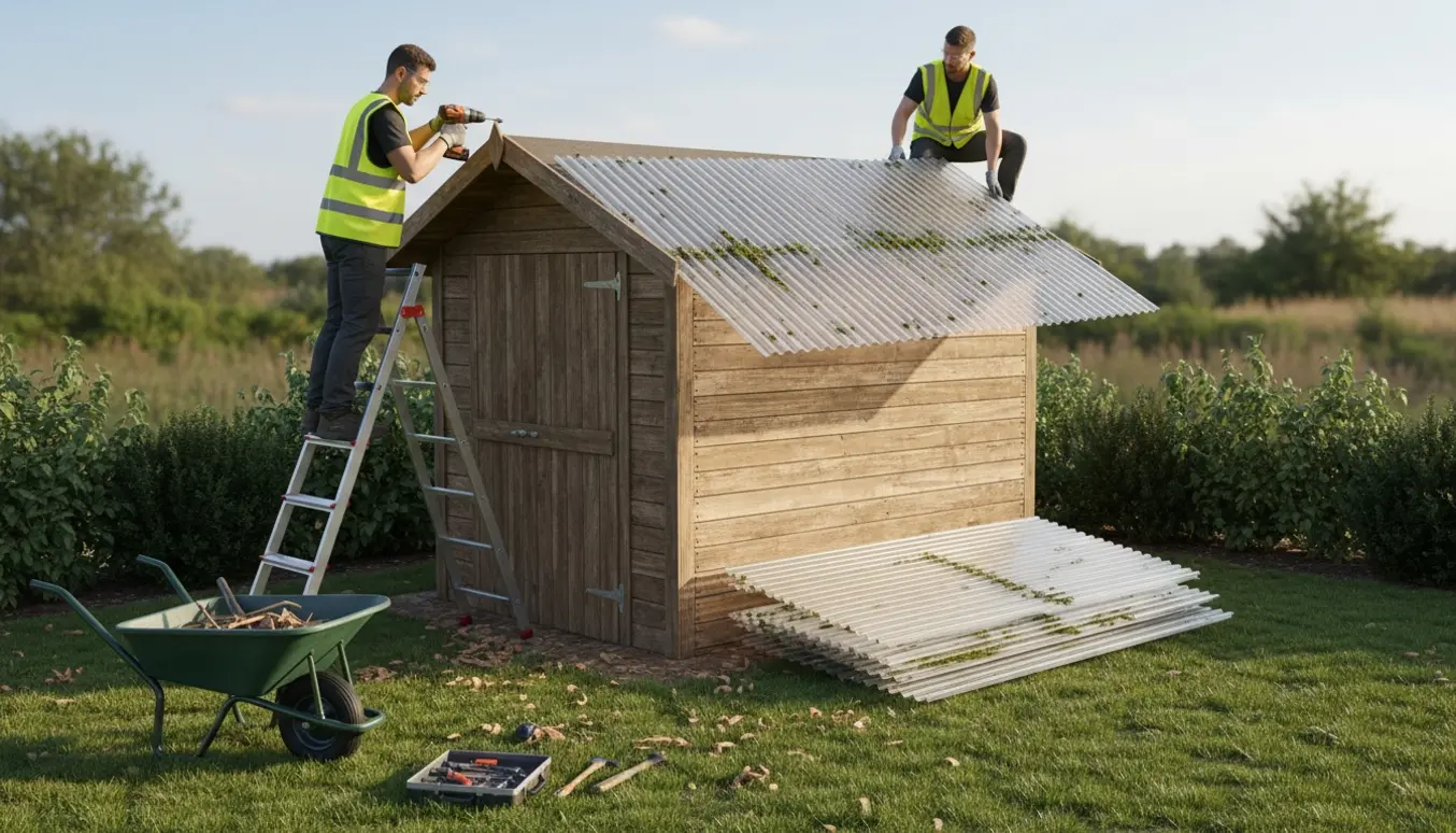 To håndværkere fjerner bølgeplast fra taget på et lille kolonihavehus i blødt sollys.