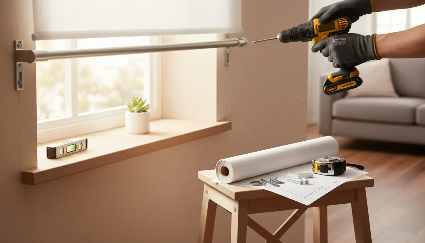 Installering af gardinstang og et hvidt rullegardin ved et vindue med værktøj og hænder i arbejde.