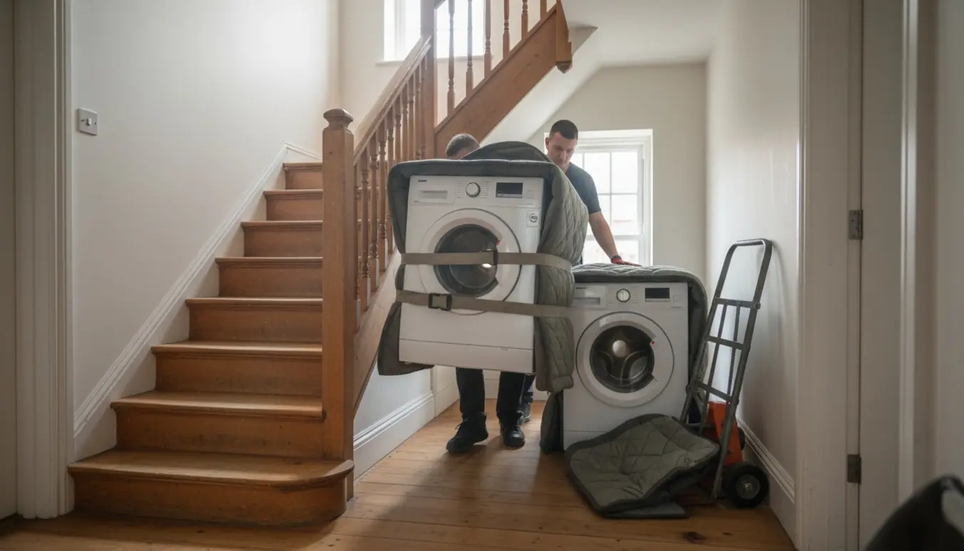 To personer sænker forsigtigt to vaskemaskiner ned ad en trætrappe med to knæk i et rækkehus.