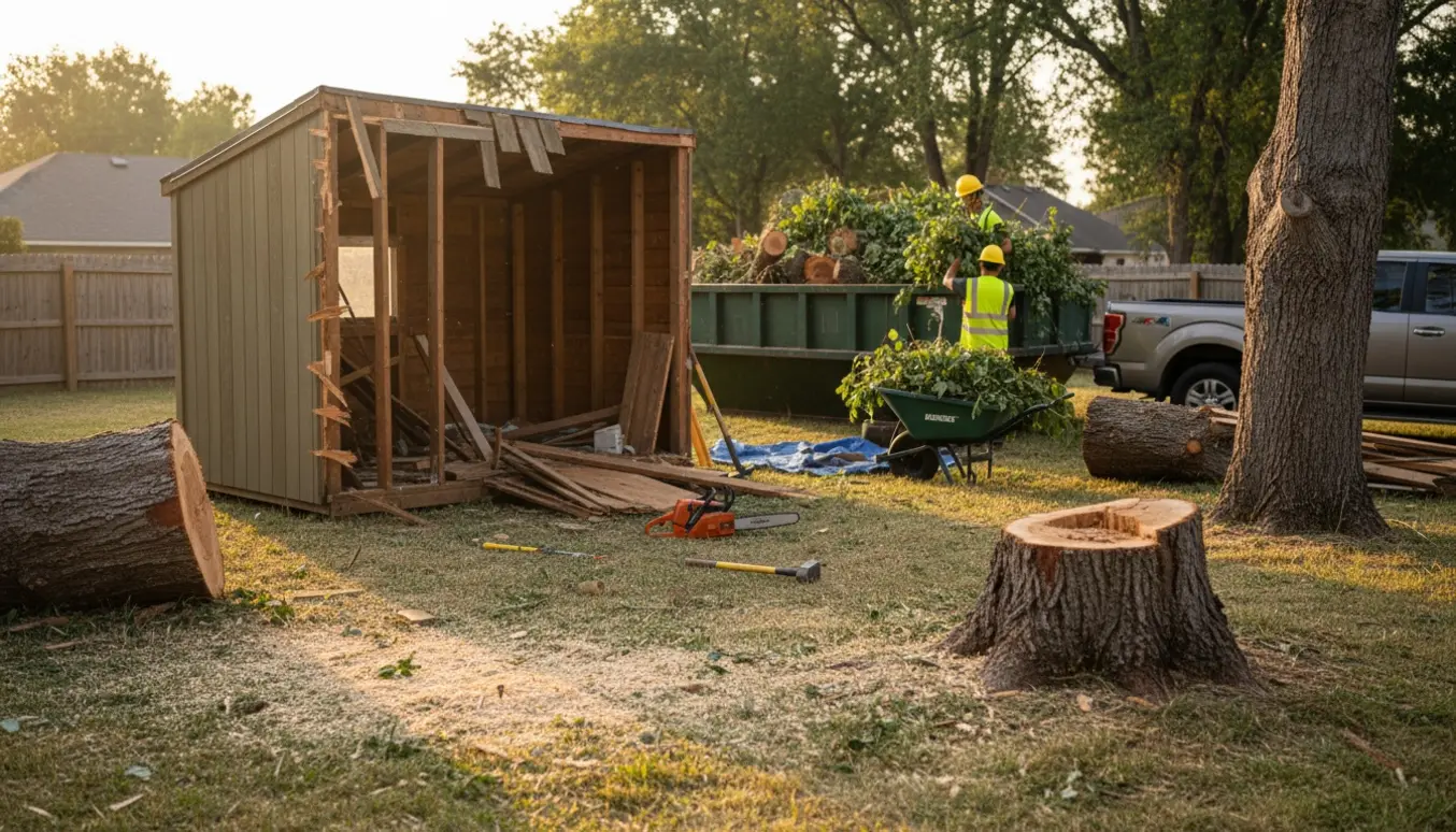 Delvist nedrevet skur og to fældede træer i en have med stammer, grene og en åben affaldscontainer.