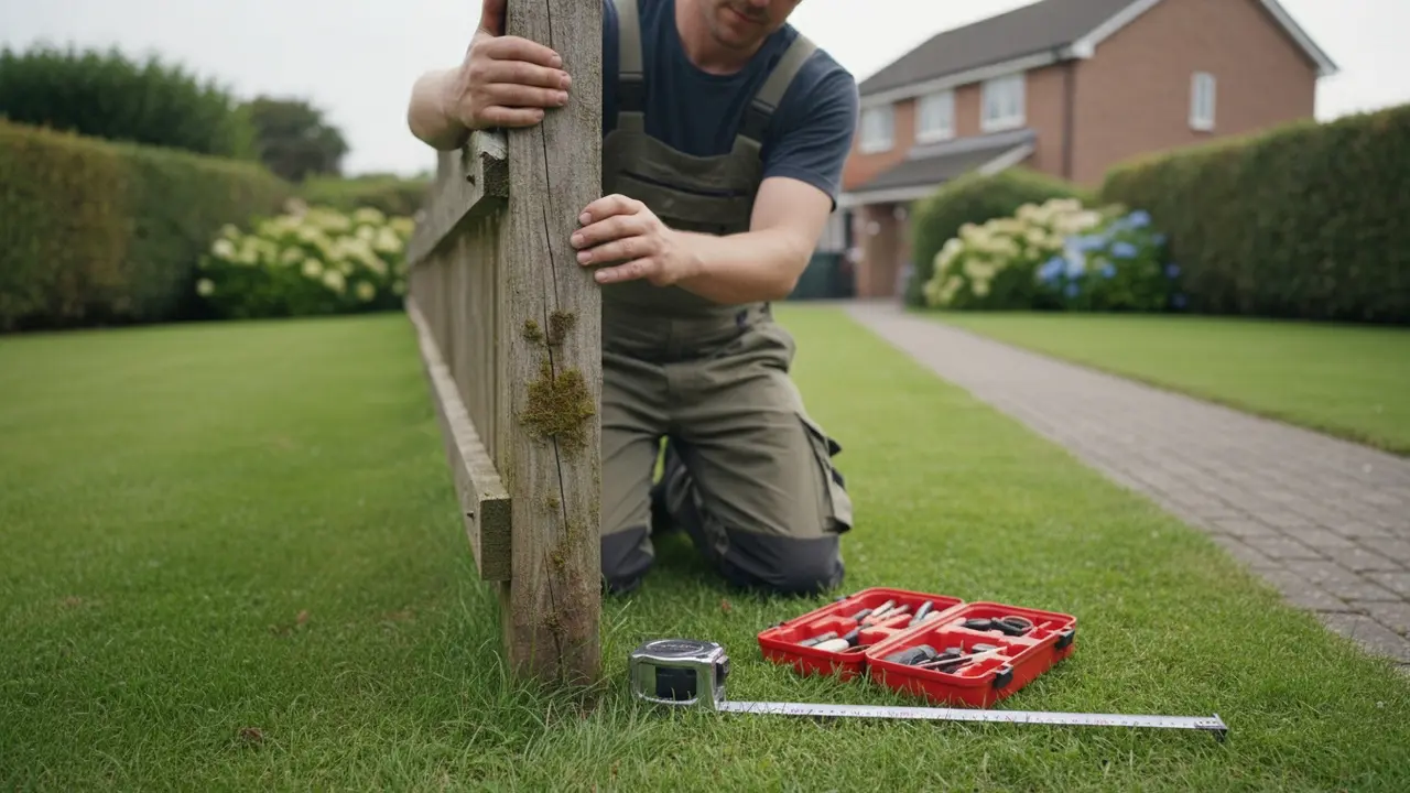 Person inspicerer et hegns stolpe og brædder i have