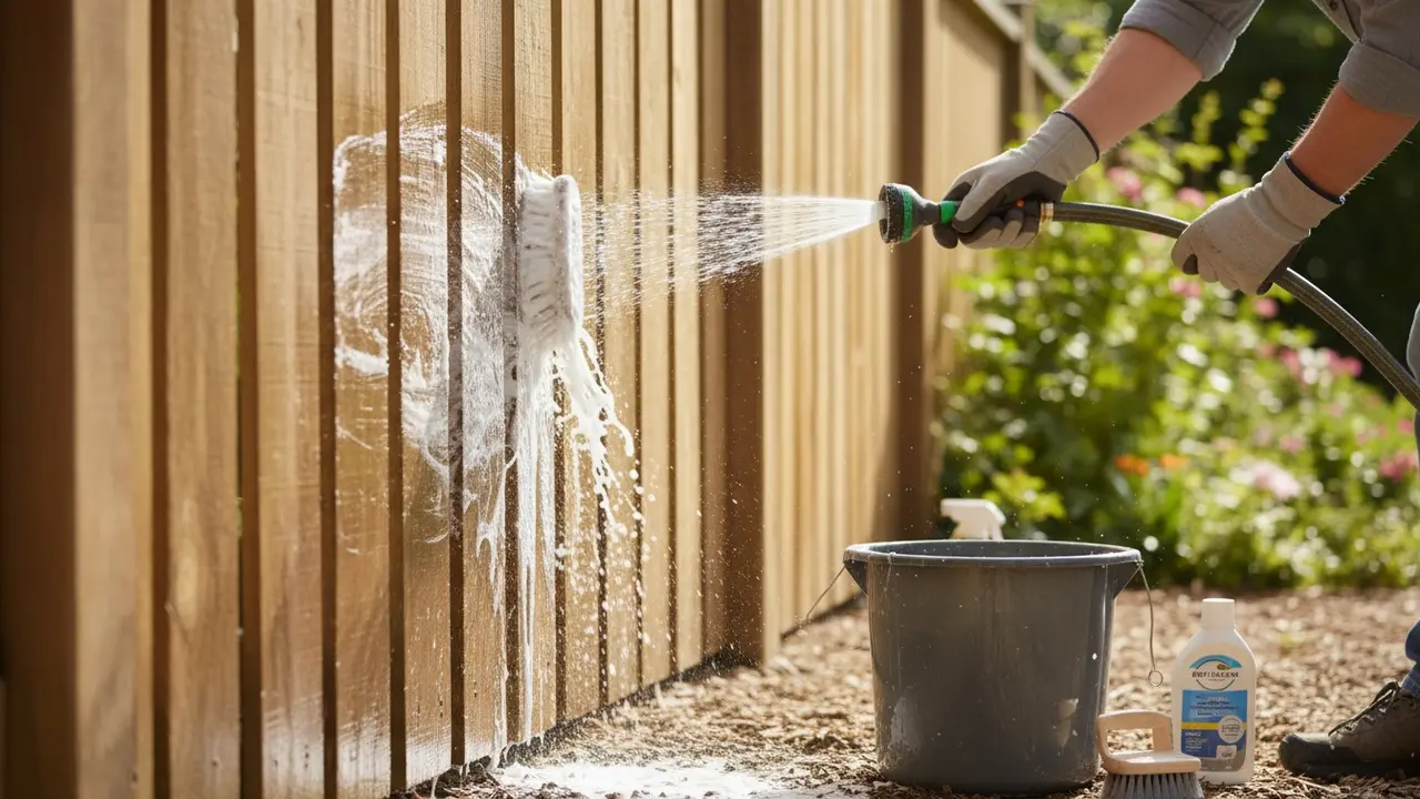 Person vasker et hegn med blød børste, sæbebøtte og vandslange