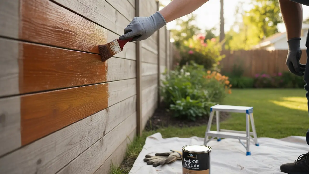 Person påfører imprægneringsolie/ maling på et træhegn med pensel