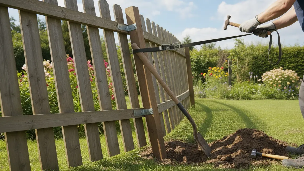 Opsætning af midlertidig støttestolpe ved et skævt hegn med beslag
