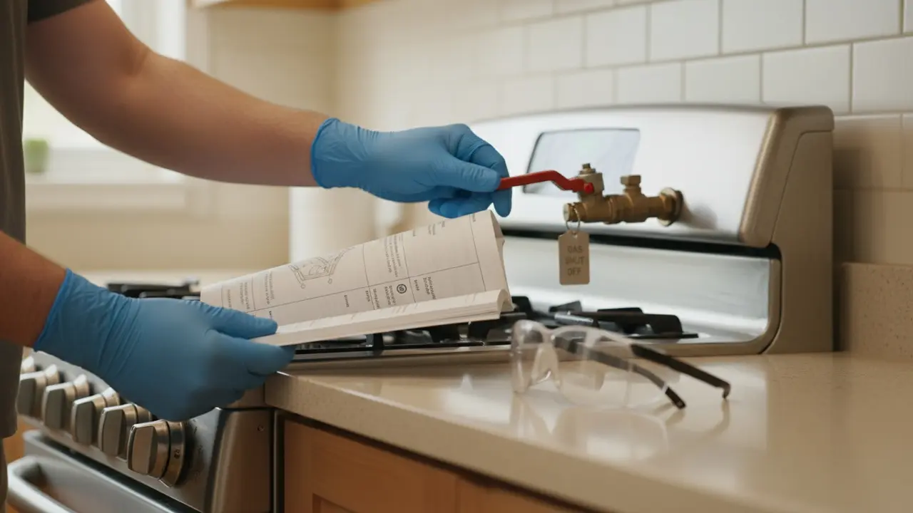 Person slukker for gas ved gaskomfur og læser brugsanvisning, med sikkerhedsudstyr synligt.