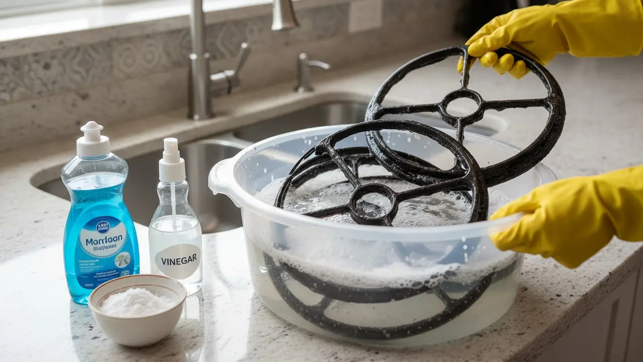 Riste lagt i blød i varmt sæbevand i en balje med bagepulver og eddike ved siden af.