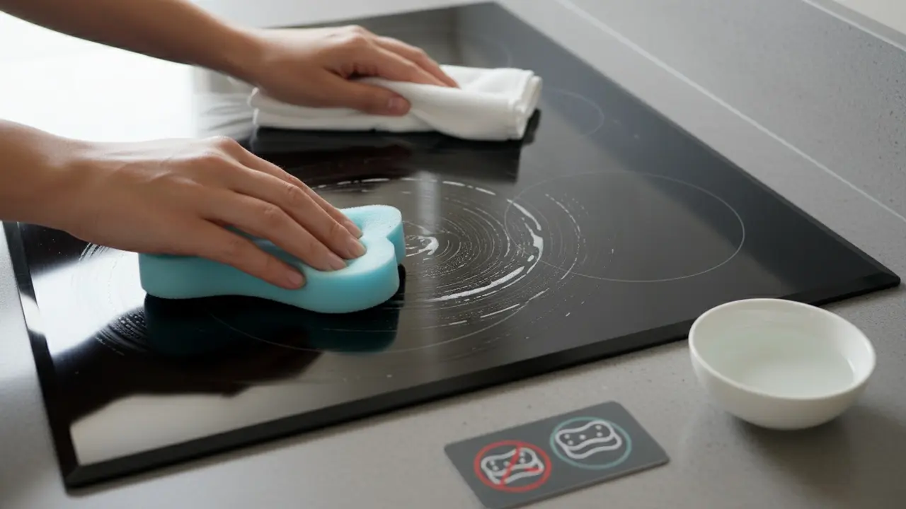Blid rengøring af glaskeramisk kogeplade med blød svamp og mikrofiberklud for at undgå ridser.