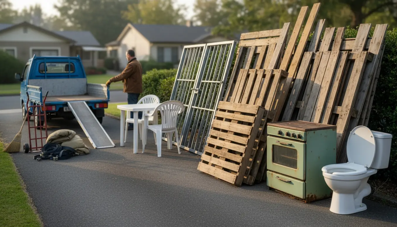 Storskrald samlet i indkørsel med paller, havebord, gasovn og toilet klar til afhentning.