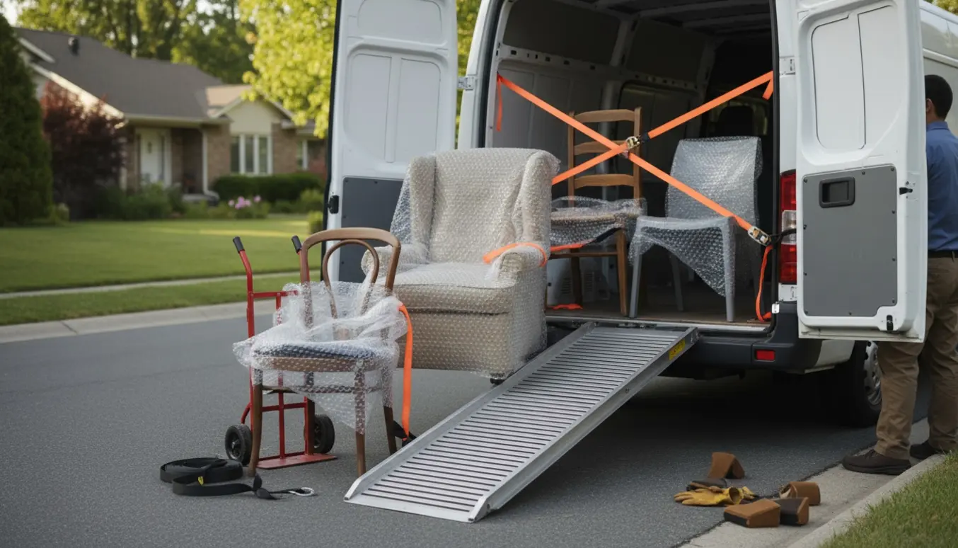 Fem stole lastes i en hvid varevogn på en stille forstadsgade, beskyttet af tæpper og spændt med stropper.