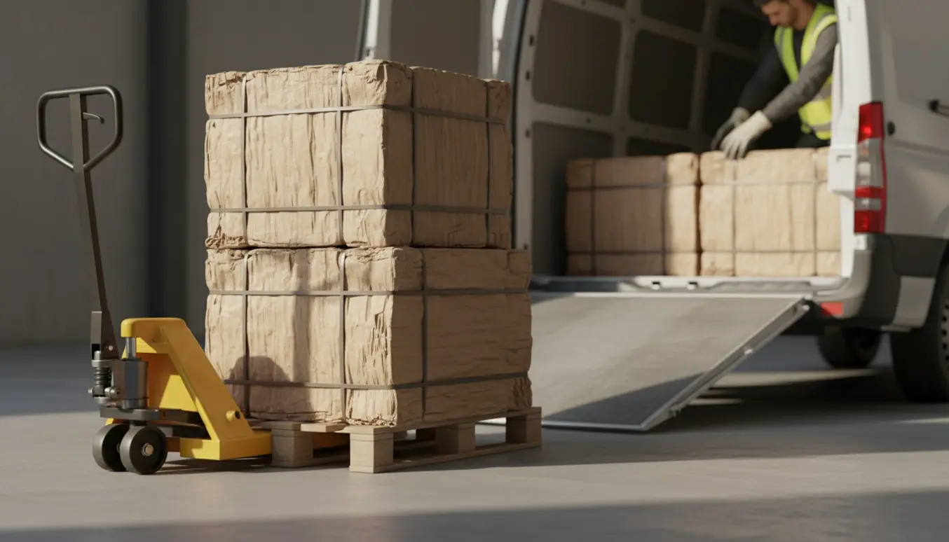 Fire papballer på halv-paller klar til afhentning ved en varevogns læsserampe.