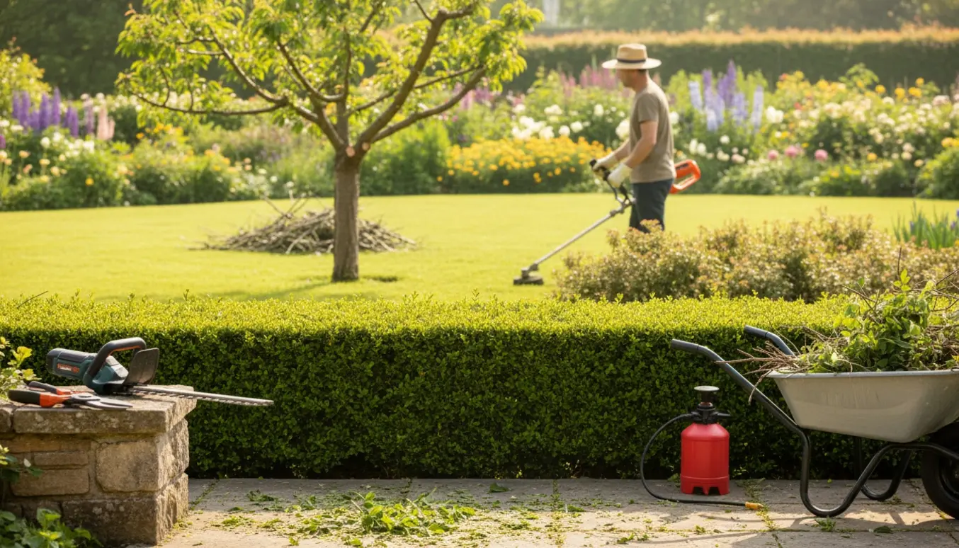 Friskklippet hæk og redskaber til beskæring og buskrydning i en villahave.