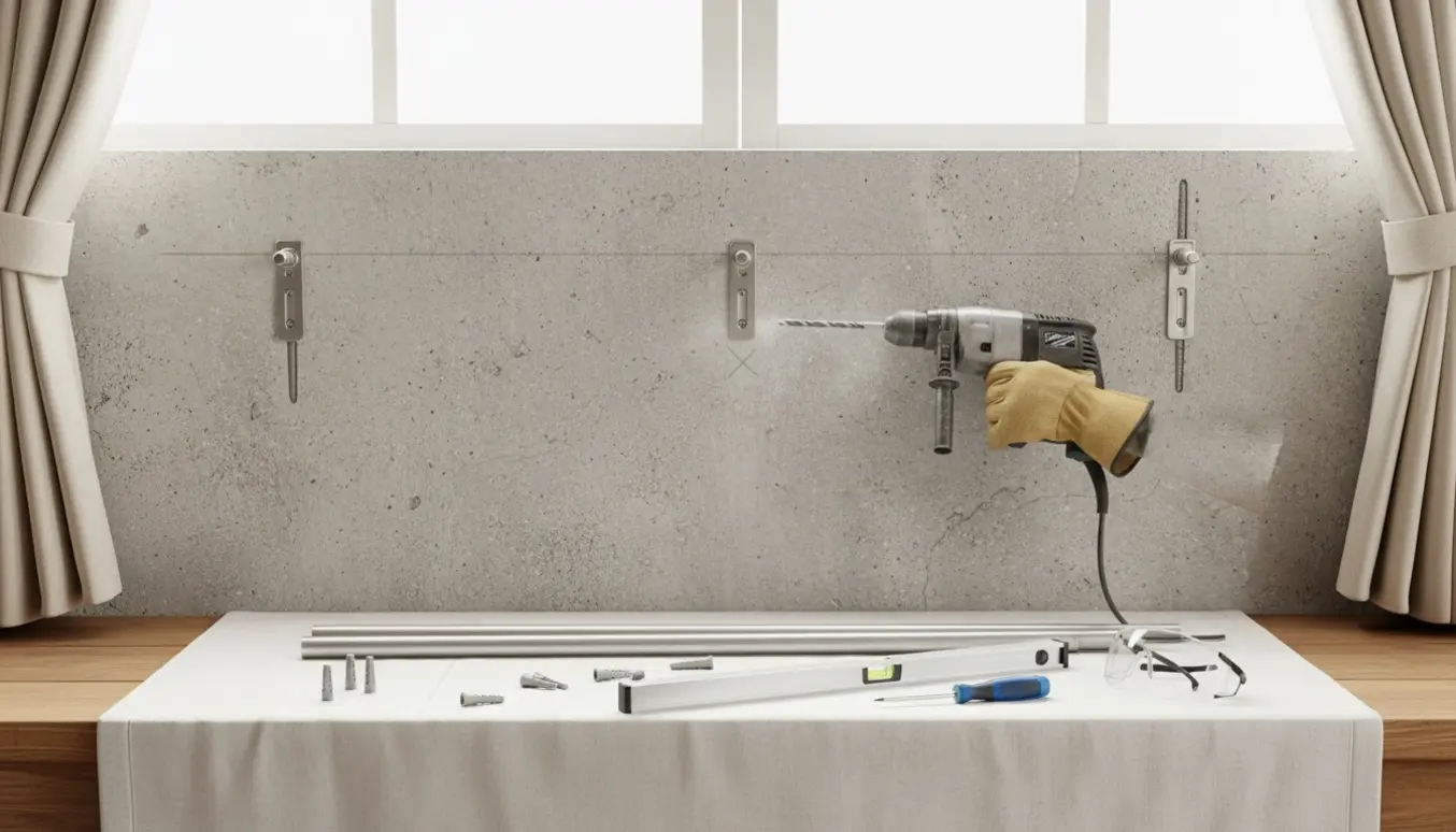 Opsætning af gardinstang over et 2 meter bredt vindue på en betonvæg med tre monteringspunkter.