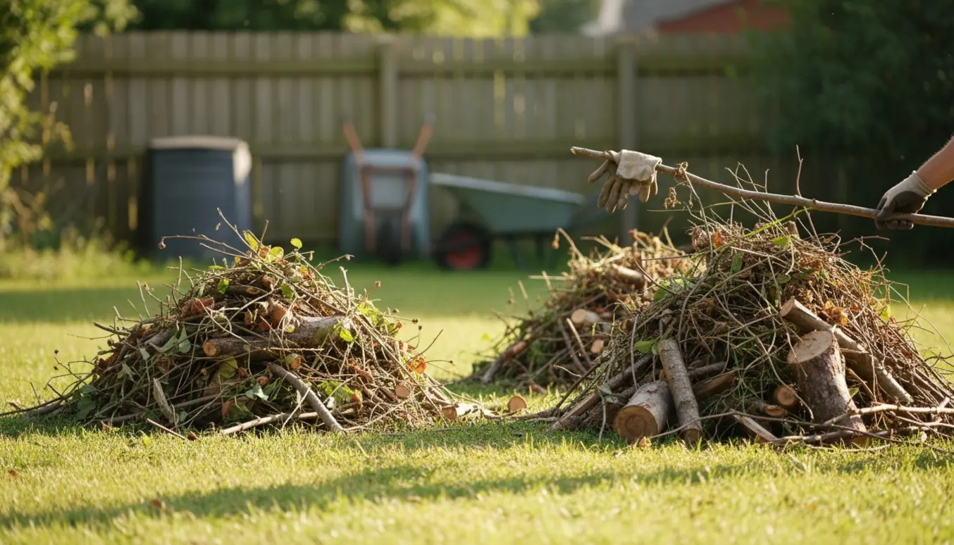 To stabler tørret haveaffald med grene, træstykker og ukrudt samlet i haven ved en trillebør.