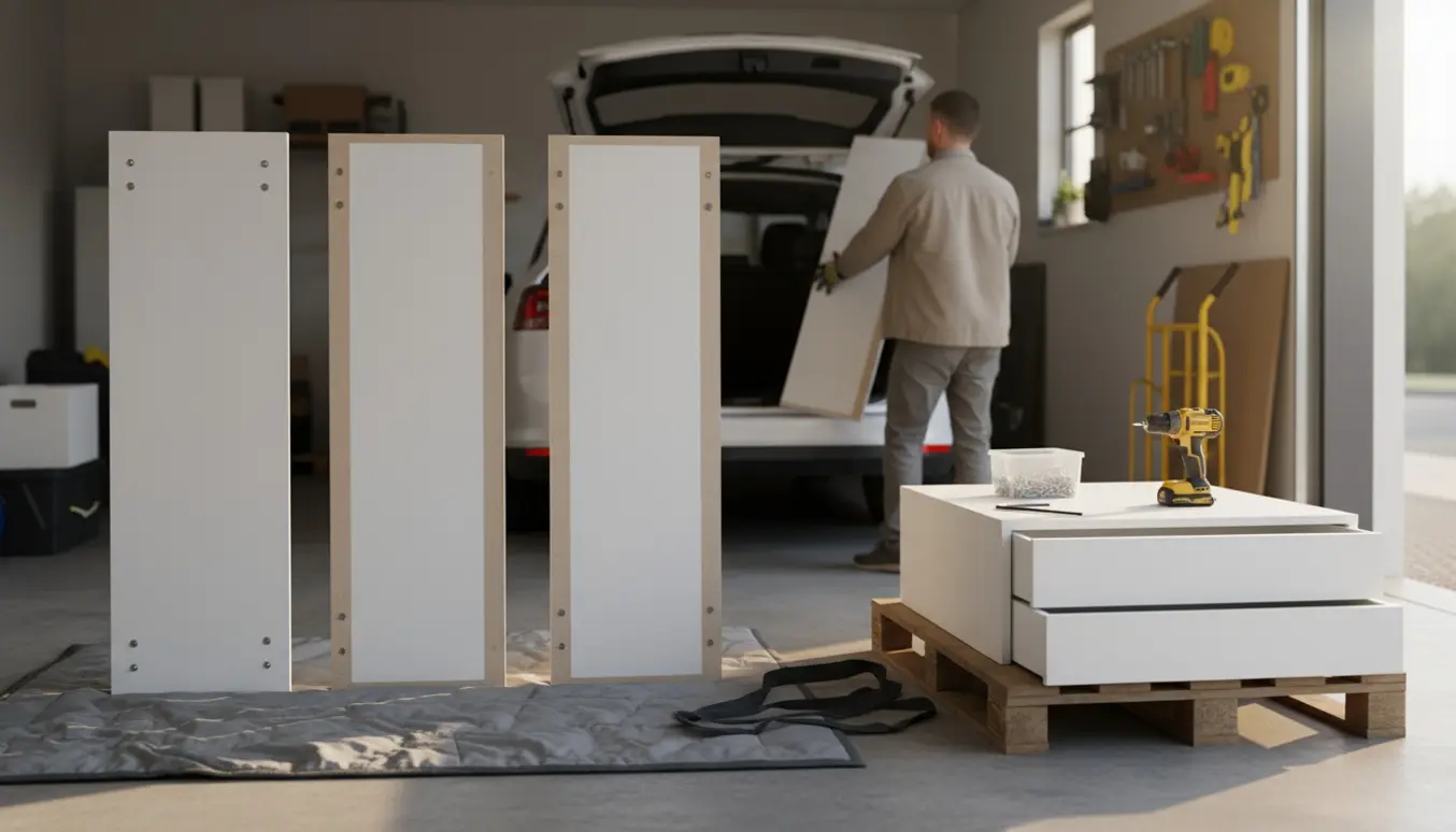 Nedtagne PAX-skabsdele og skuffer samlet i en garage klar til afhentning til genbrugspladsen.
