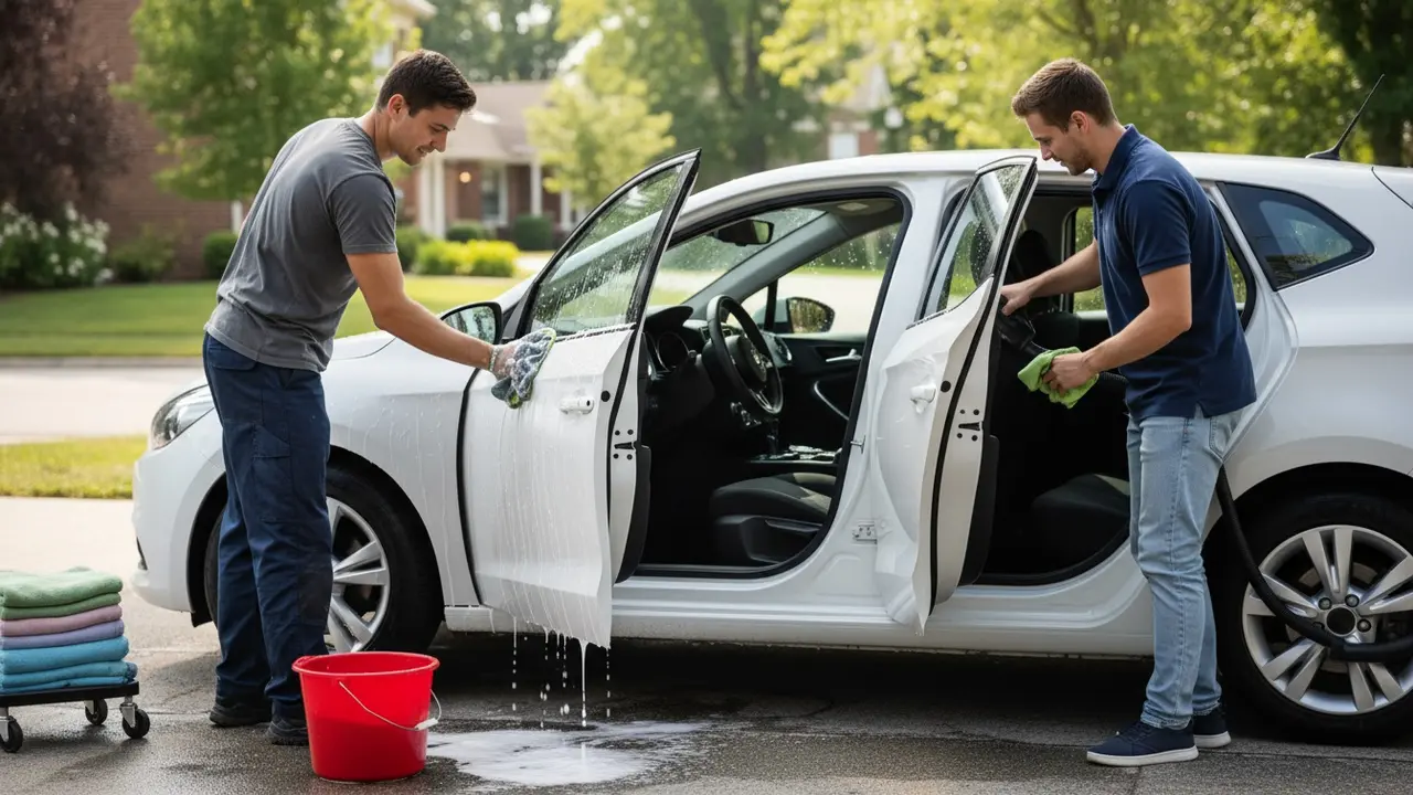 Person vasker bilens yderside og renser sæder indvendigt, med mikrofiberredskaber og spand synlige