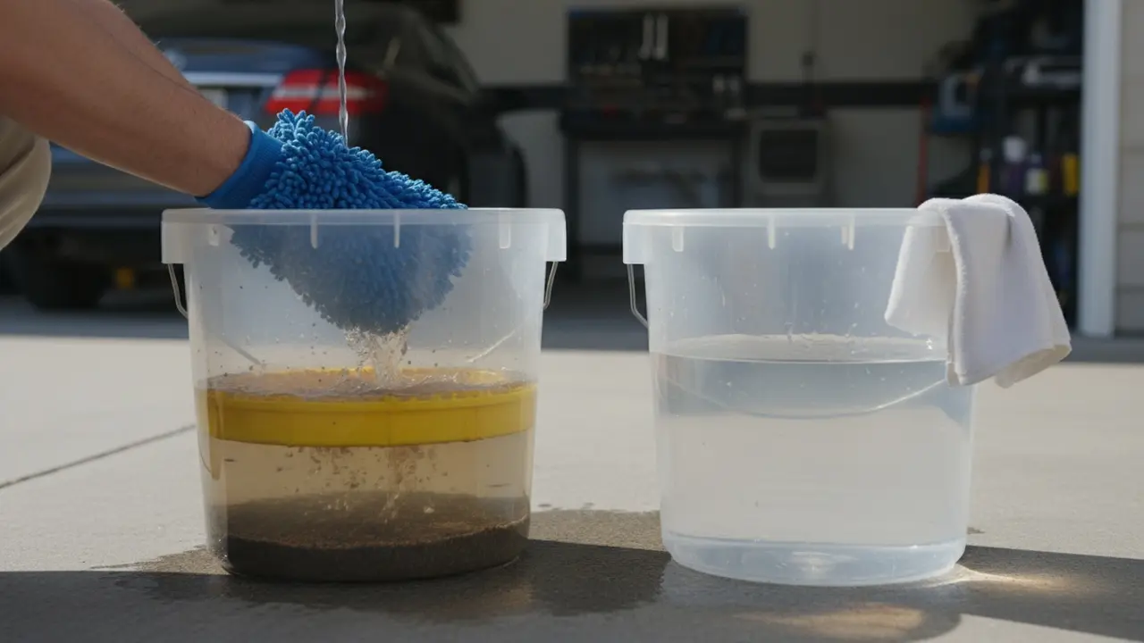 Spand med grit guard, snavs synligt i bunden og mikrofiberhandske over spanden