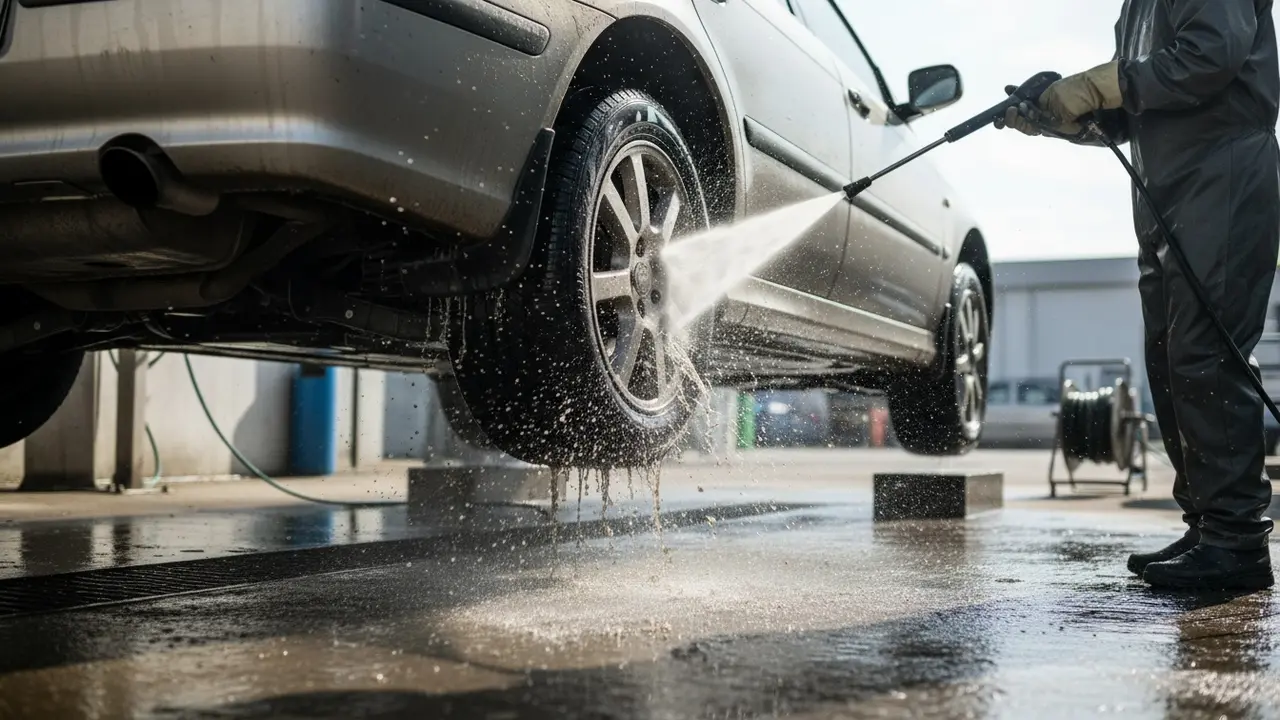 Undervogn vaskes med højtryksrenser, vand og mudder sprøjter væk fra karosseri