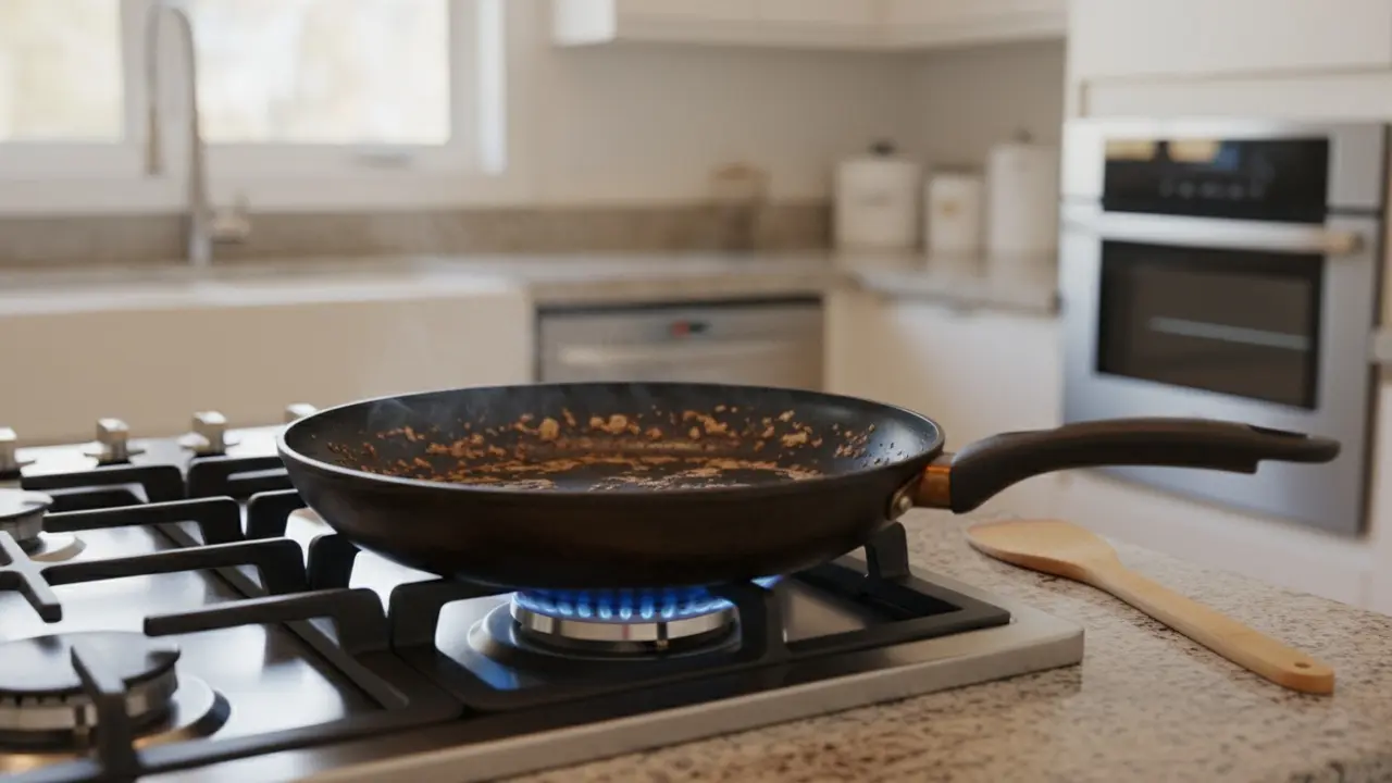 Non-stick pande med mørkebrune, fastbrændte pletter på komfur