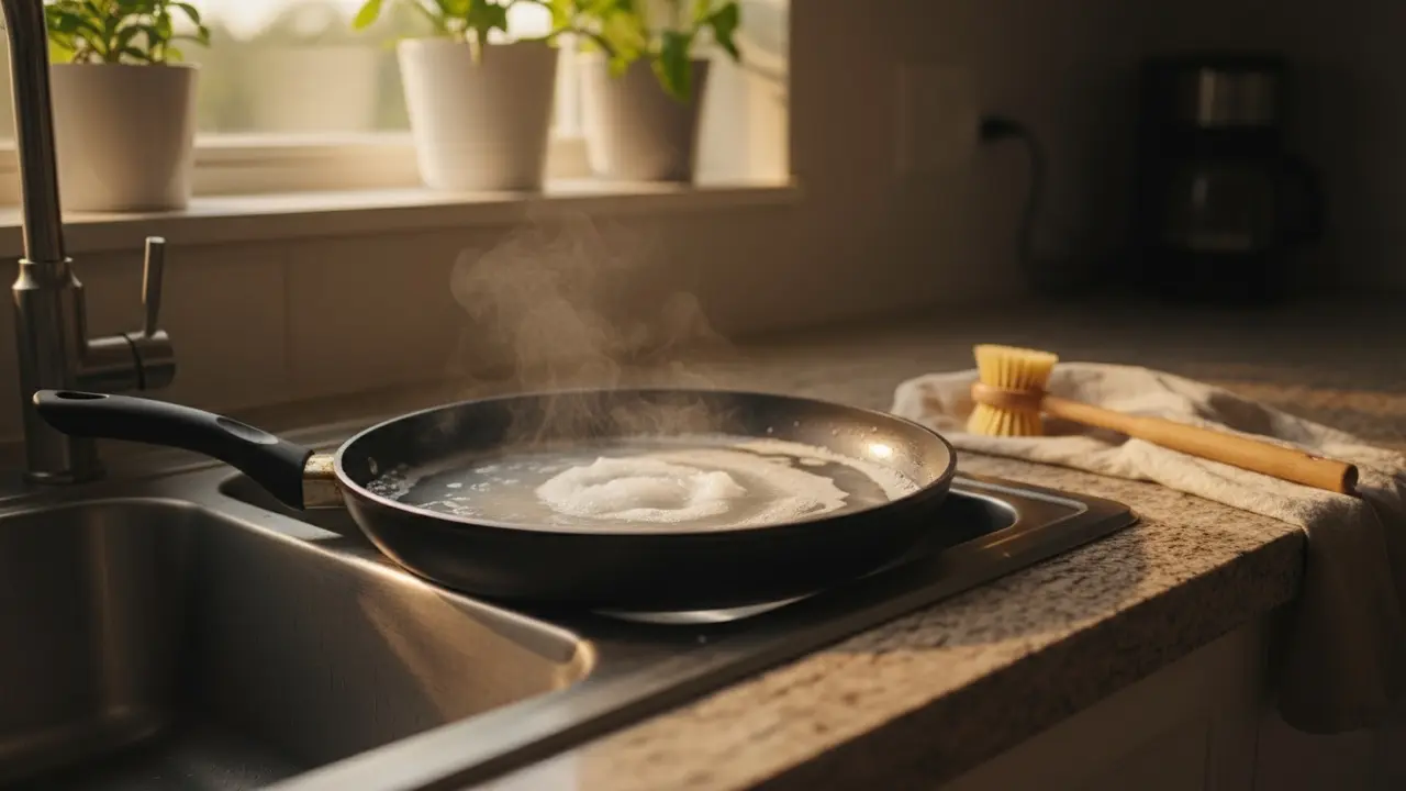 Slip-let pande i blød med varmt sæbevand og opvasketab i vasken