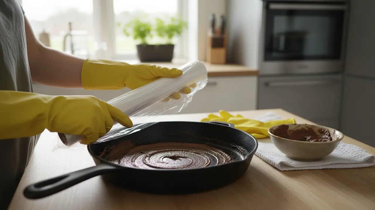 Påføring af brun sæbe i pande og indpakning i plastfolie til behandling