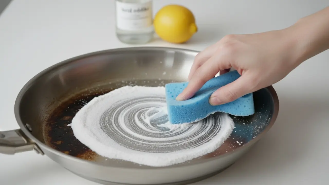 Rustfri pande med bagepulverpasta der skrubbes væk med blød svamp