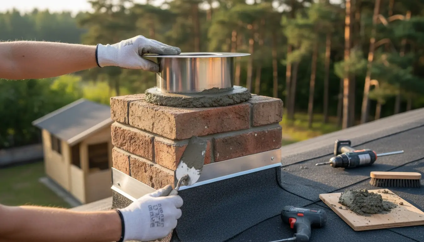 Nærbillede af arbejdshandsker, der blænder en murstensskorsten på et tagpap-tag med metalplade og fuge.