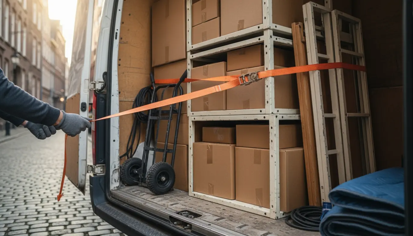 Åben varevogn på en bygade fyldt med sammenfoldede papkasser og adskilte hylder, en hånd i arbejdshandske spænder en strop.