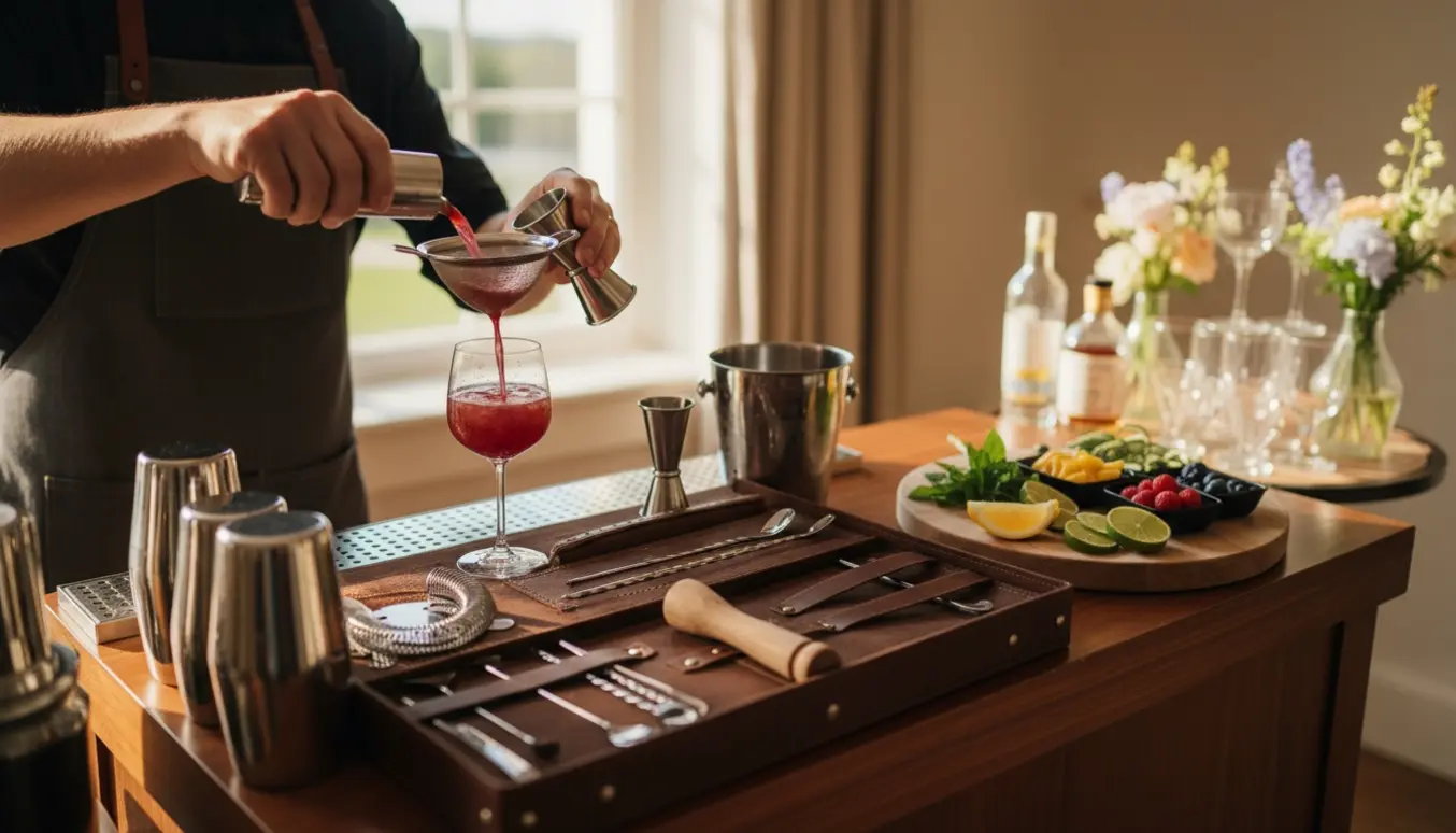 Hænder på en bartender, der forbereder farverige drinks ved et elegant konfirmationsbaropsæt i varmt dagslys.