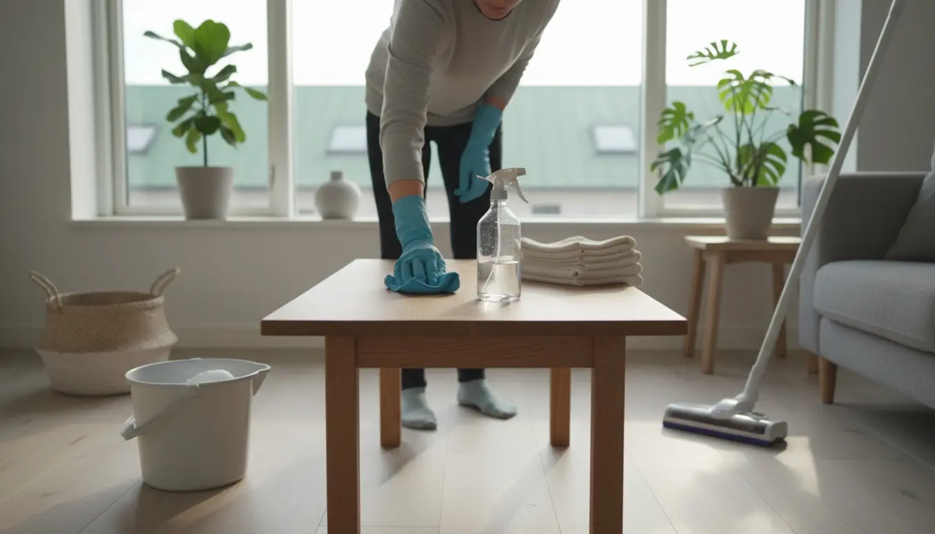 Hænder i gummihandsker pudser et sofabord i en lys, skandinavisk lejlighed på Amager.