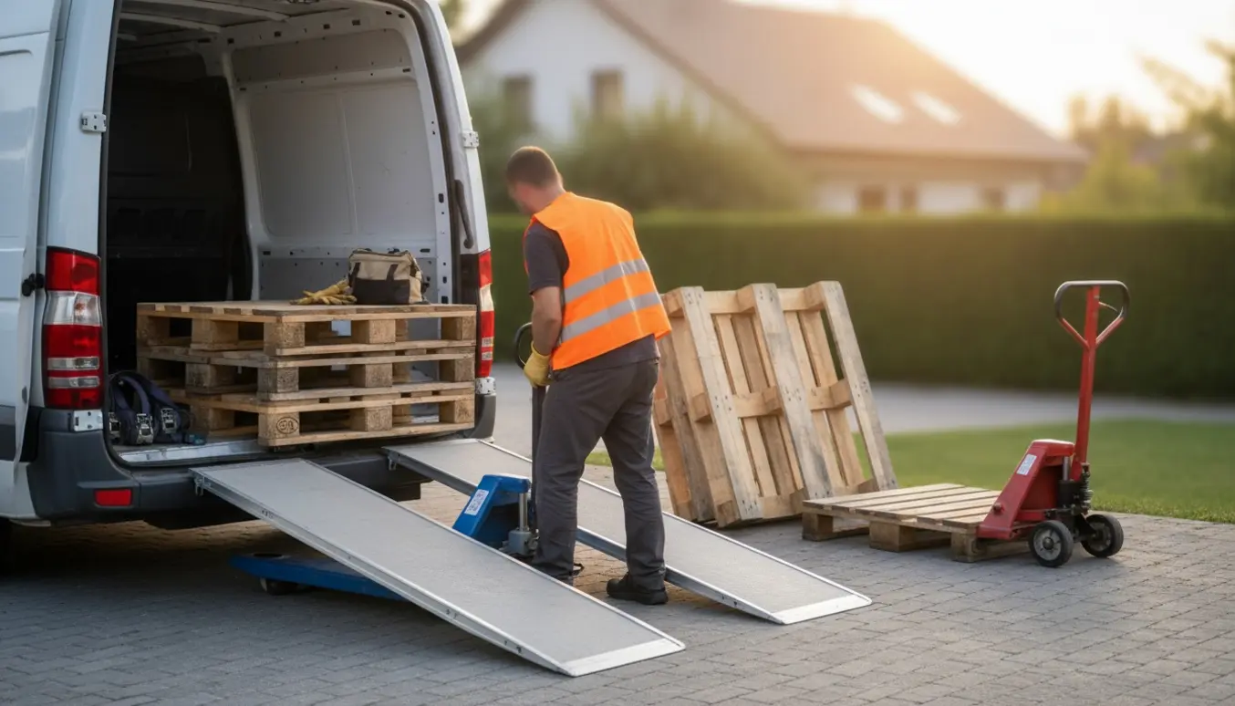 Åben varebil med forskellige træpaller ved en rampe klar til afhentning.