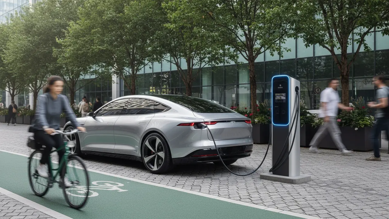 Moderne elbil tilsluttet en ladestander i bymiljø med grønne elementer
