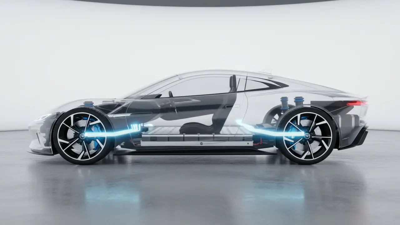 Sidecut af elbil der viser batteripakke under gulv og elektrisk motor med lysende strømveje