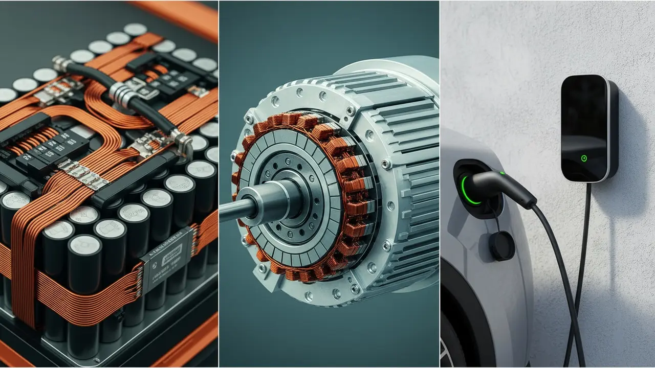 Tre-delt billede: batteripakke, elektrisk motor og opladningskabel i en samlet komposition