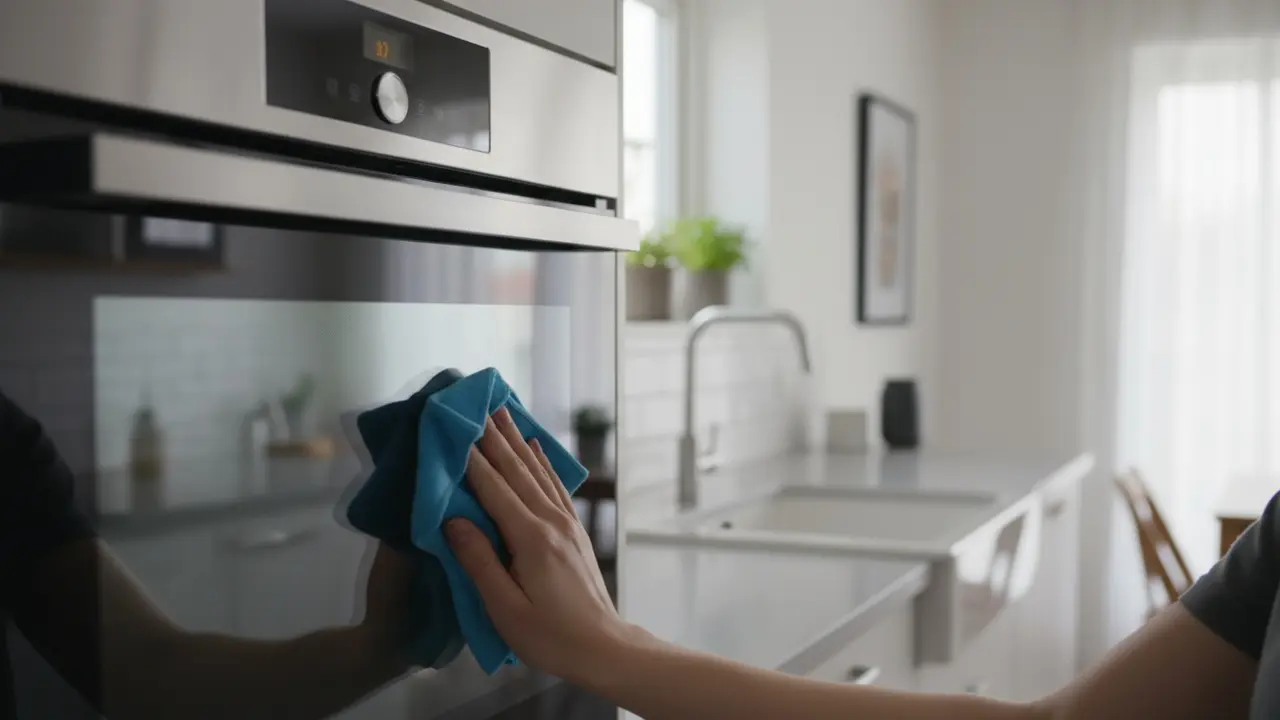 Person pudser et skinnende ovnglas med en mikrofiberklud i et lyst køkken