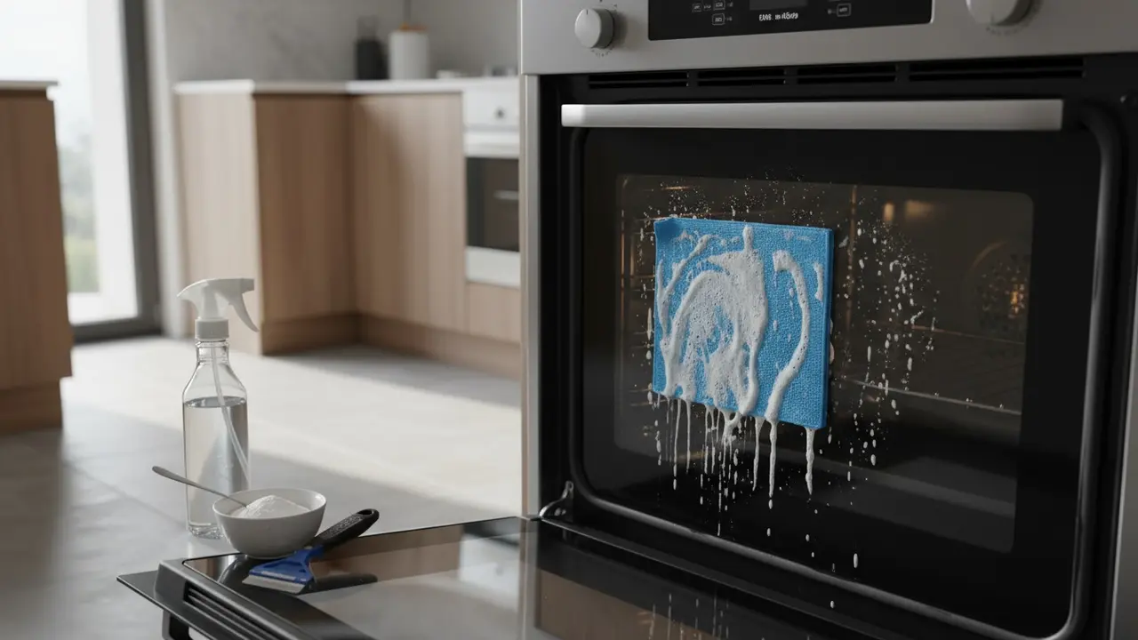 Klud med opvaskemiddel lagt på ovnglassets inderside for at blødgøre fedt