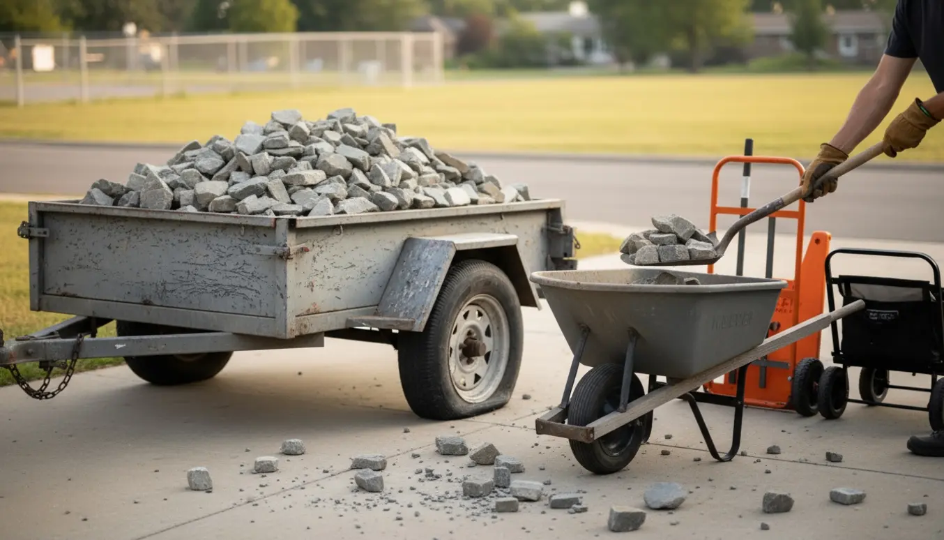 Trailer med fladt dæk fyldt med sten mens en person med handsker læsser sten i en trillebør foran en genbrugsplads i baggrunden.