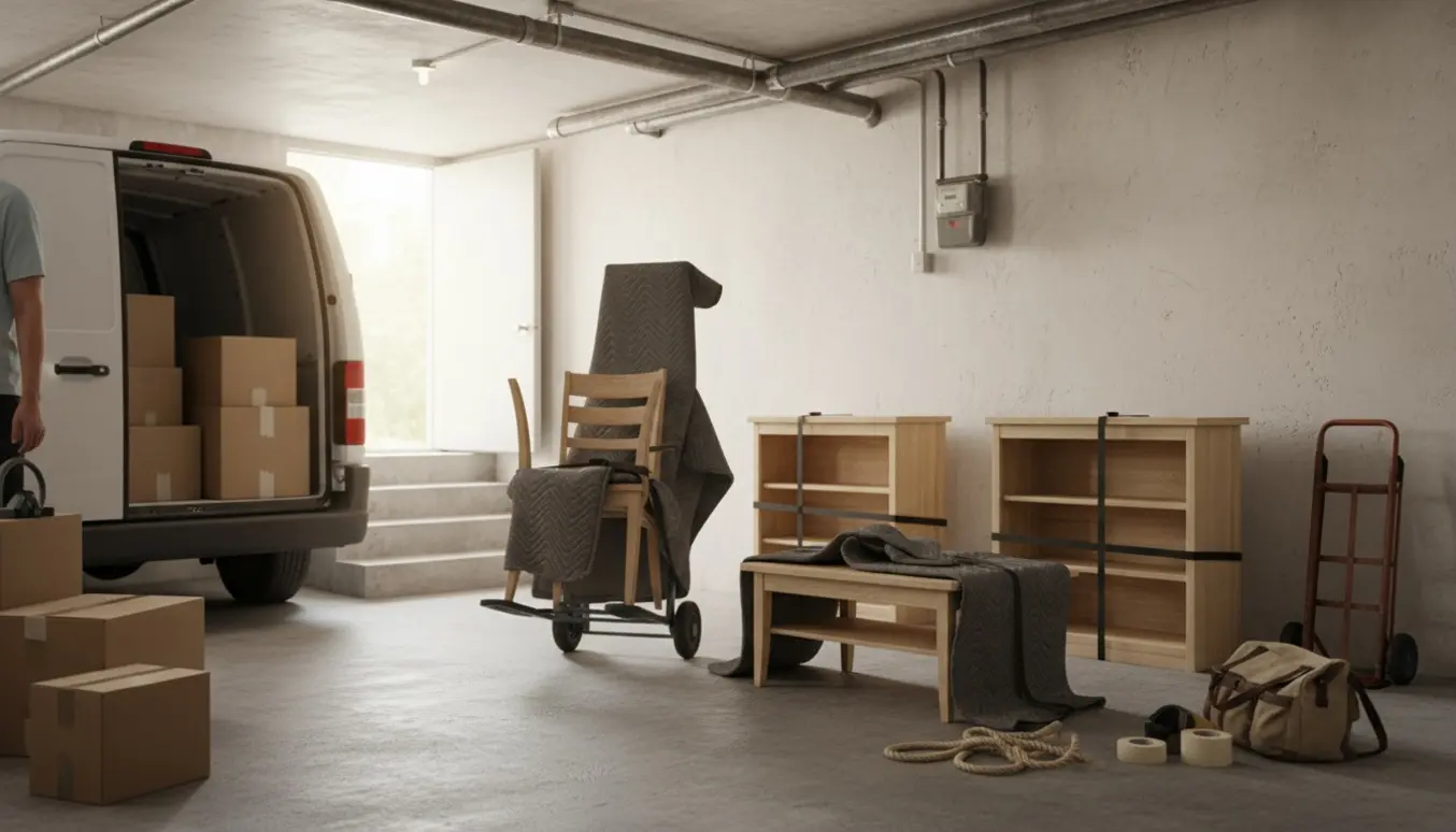 Møbler og kasser bæres ud af et kælderrum og læsses i en varevogn.