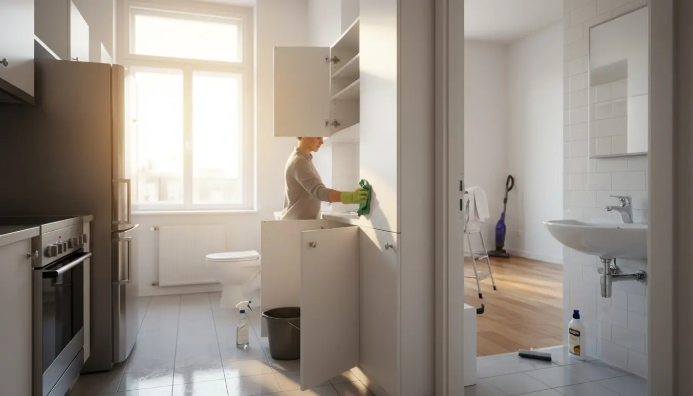 Nyvasket 3-værelses lejlighed med rengøringsudstyr og glinsende overflader klar til aflevering.