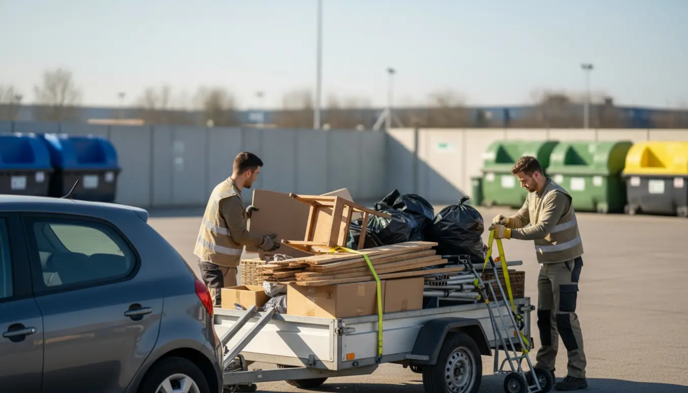 To personer læsser affald på en trailer ved en genbrugsplads.