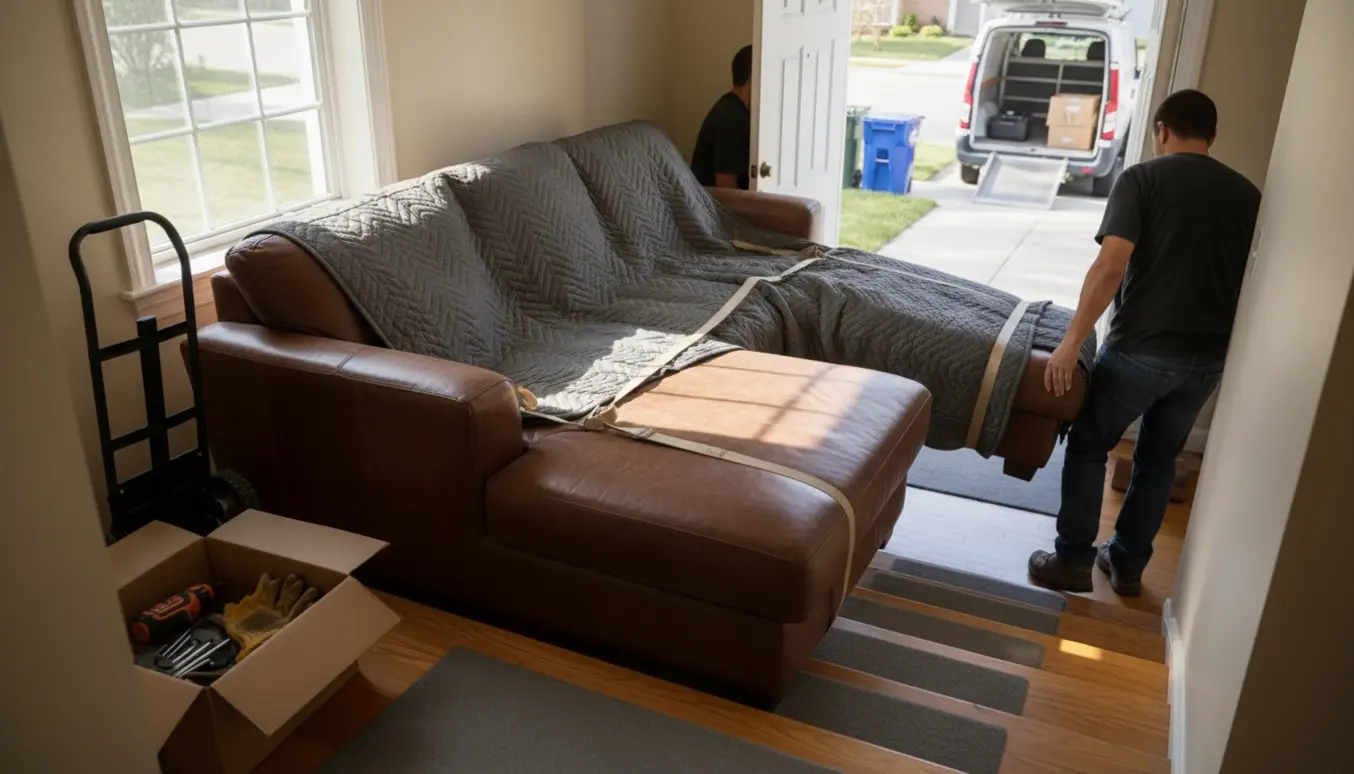 To personer bærer en delt lædersofa ned ad en trappe mod en åben varevogn.