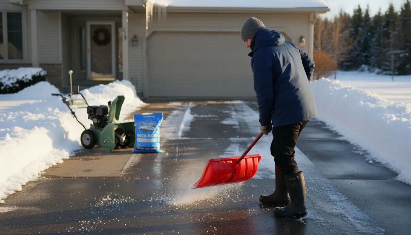 Person rydder sne fra en indkørsel med sneskovl og snerydningsudstyr på en solrig vintermorgen.