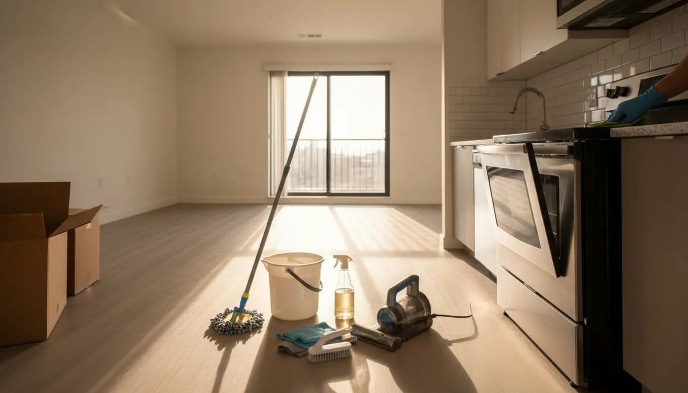 Tom lejlighed under slutrengøring med rengøringsudstyr, åben ovn og lukket altandør i blødt dagslys.
