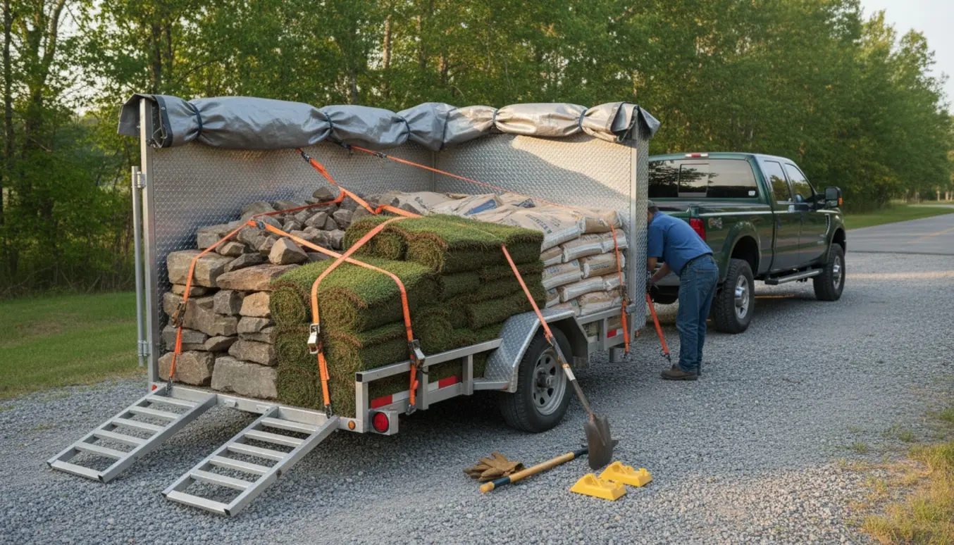 Pickup med trailer læsset med sten, græstørv og sandsække klar til kørsel til genbrugspladsen.