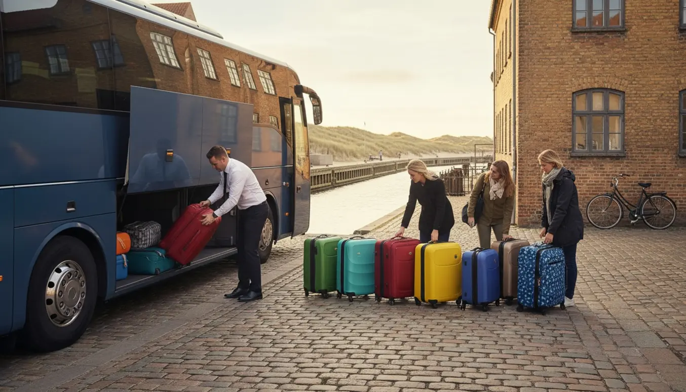 Bus ved kaj i København med seks kufferter og passagerer klar til afgang mod vestkysten.
